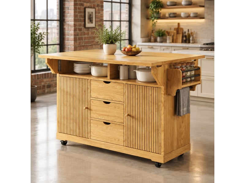  Desserte de cuisine,142.5x80x95 cm,3 tiroirs,mdf,marron naturel  - Conforama B