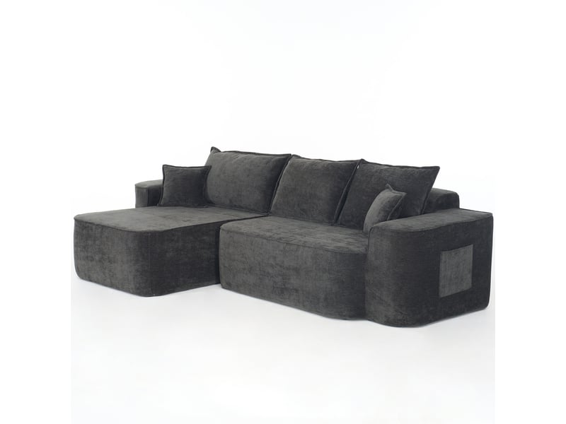  Canapé d'angle modulable 3 places sans montage, assise profonde, 2 éléments, poche latérale, canapé lounge en chenille noir Seren Glow - Conforama A