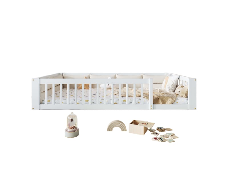 Lit enfant 90x200 cm, lit simple avec barrières de sécurité, coussins rembourrés, sommier, pin + mdf, blanc sans matelas  - Conforama A