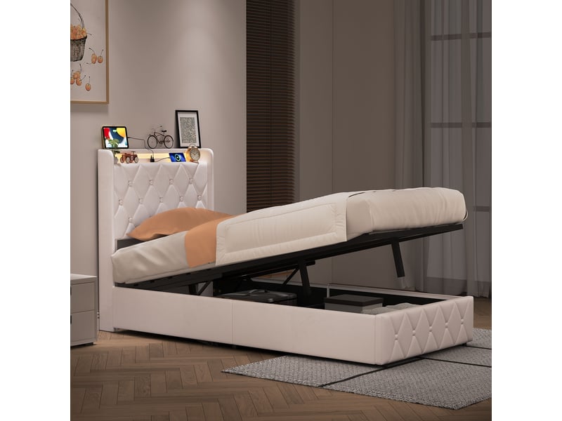 Lit coffre simple 90x200 cm avec tête de lit matelassée et sommier, led et ports usb-c, velours, beige, sans matelas - Conforama W