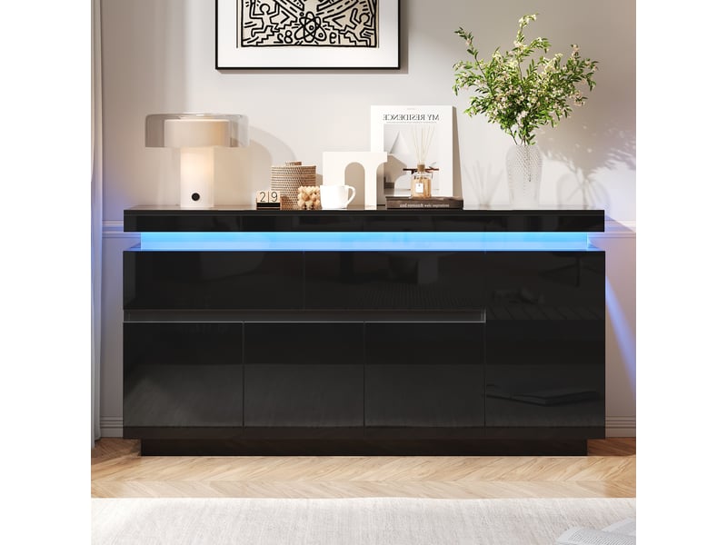  Buffet bas noir à led – 2 tiroirs, 4 portes – 140 x 35 x 72,5 cm  - Conforama B