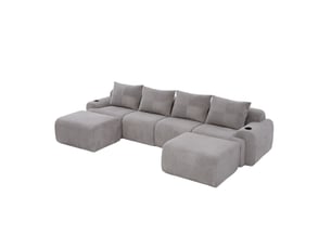 Canapé modulable 4 places en velours côtelé gris clair avec 2 poufs, porte-gobelets et poche latérale