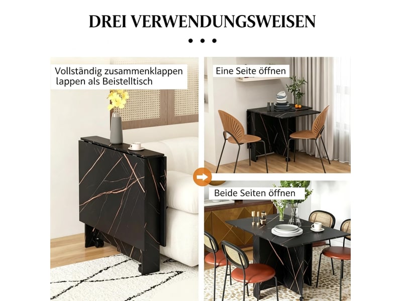  Table à manger pliante 120x80 cm – noir veiné – double abattant, roulettes verrouillables, gain de place  - Conforama E