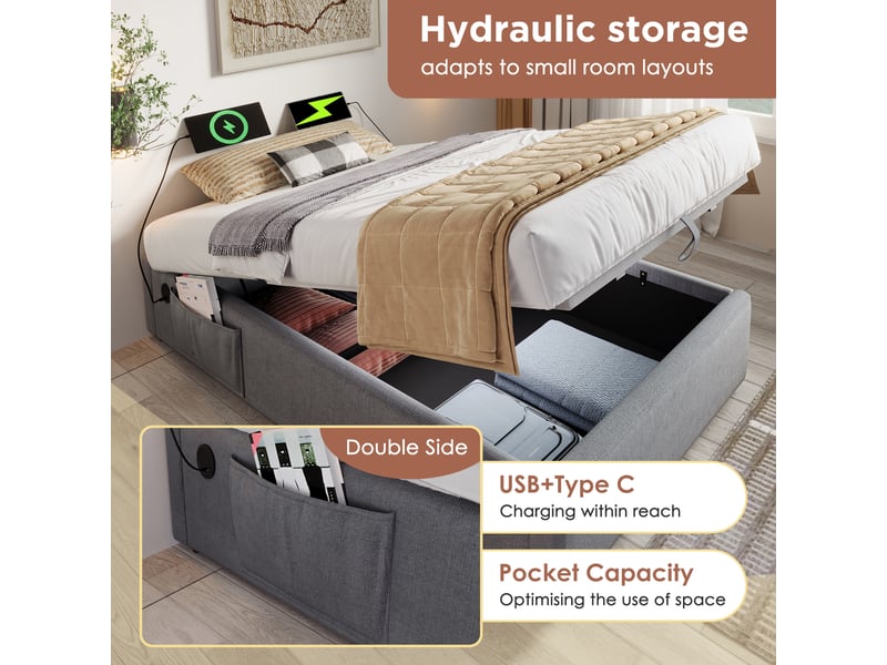  Lit double 160x200 - lit coffre hydraulique - sommier plein bois - usb type-c - sans tête de lit - 160x200 cm - gris  - Conforama C