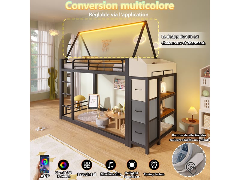 Lit mezzanine 90 x 200 cm – avec étagères de rangement – avec tiroirs en tissu – avec ruban lumineux led – noir (matelas non inclus) - Conforama W