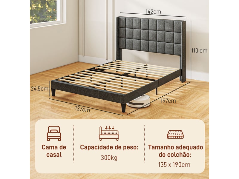  Lit 2 places rembourré 135x190 cm gris, tête de lit capitonnée et rangement sous le lit  - Conforama E