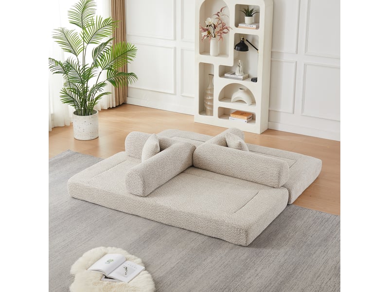  Canapé convertible modulable 4-en-1 200x95x68 cm, couchage 190x200 cm, dossier réglable, 4 coussins, chenille antitache, beige OMNIGLINT TRADING LTD - Conforama E