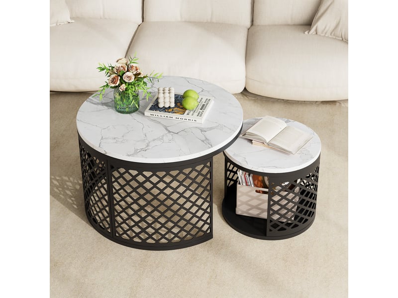  Table basse gigogne ronde 2 pièces effet marbre blanc, structure en métal homvra  - Conforama D