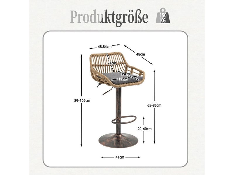  Tabourets de bar réglables - lot de 2 - lin - 49x48x89-109 cm - hauteur réglable 65-85 cm - pivotant 360° gris - Conforama E