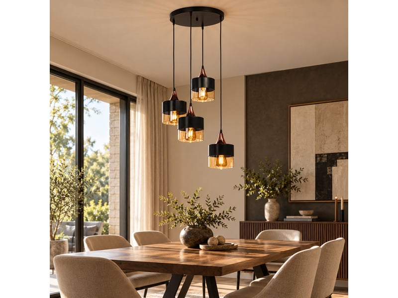  Lustre 4 suspensions en verre ambré métal noir et effet cuivre ortense  - Conforama D