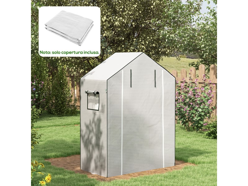  Bâche de serre de jardin en polyéthylène avec porte et fenêtres à charnières, 140 x 73 x 190 cm, blanche  - Conforama C