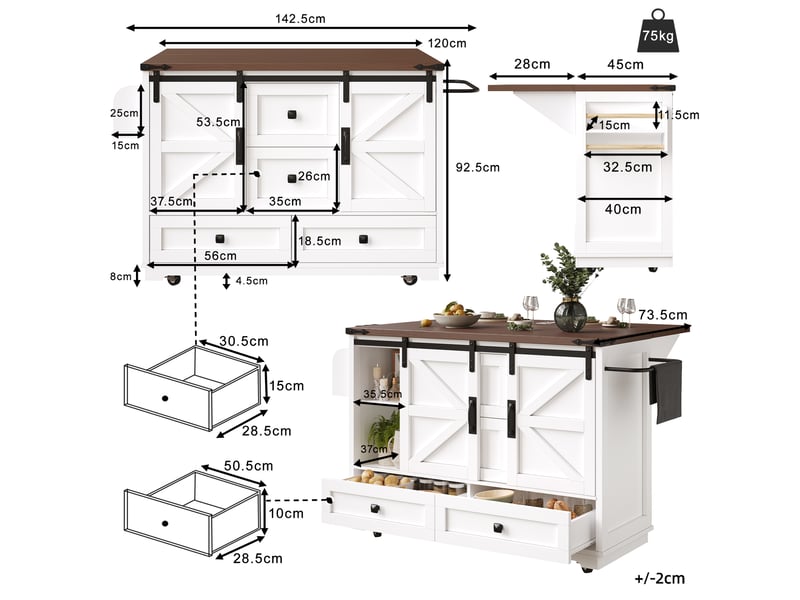  Desserte de cuisine avec plateau rabattable et rangement - lpospi - portes coulissantes, mdf blanc 142,5 × 73 × 92,5 cm  - Conforama D