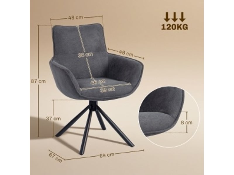  Lot de 2 chaises de salle à manger rotatives, rembourrées, accoudoirs, pieds en métal, gris foncé  - Conforama C