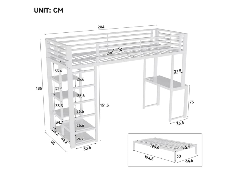 Lit mezzanine simple 90×200 cm avec bureau, étagères et rangement - okmyhome- métal mdf blanc, sans matelas - Conforama D