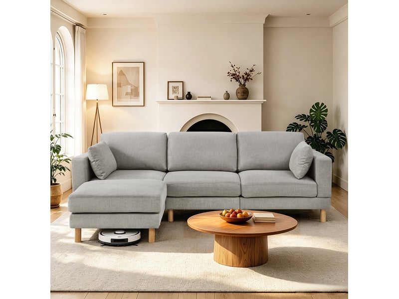  Canapé d'angle 3 places modenvie avec pouf et méridienne réversible 235 x 152 x 78 cm en polyester gris clair  - Conforama D