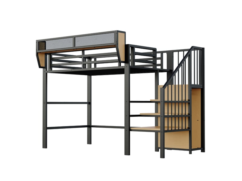  Lit mezzanine 90x200cm, rangements, en mdf+métal, barrières de sécurité, lit enfant, escalier, bois+noir, sans matelas  - Conforama E