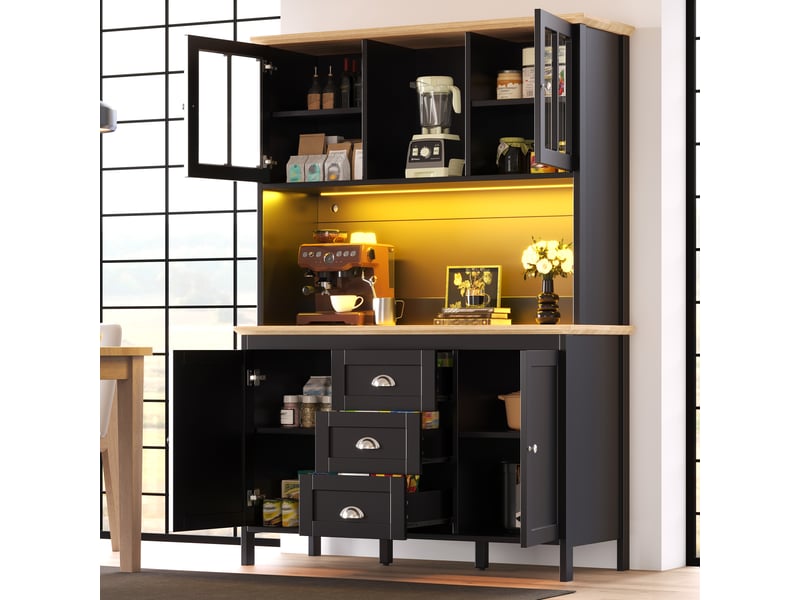  Buffet de cuisine - buffet haut avec led et 4 portes 3 tiroirs - meuble rangement cuisine avec étagère ouverte 120x40x179cm - noir  - Conforama B