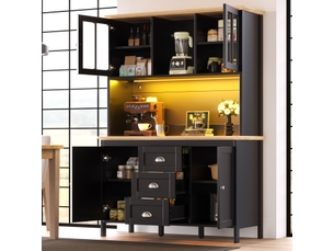 Buffet de cuisine - buffet haut avec led et 4 portes 3 tiroirs - meuble rangement cuisine avec étagère ouverte 120x40x179cm - noir