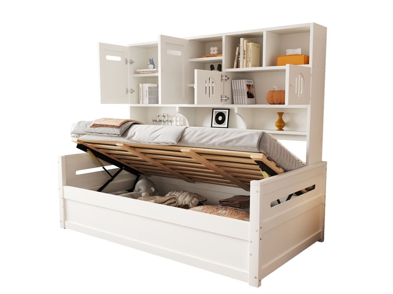  Canapé-lit 90 x 200 cm rangement multifonctionnel couchage d'appoint structure de lit hydraulique cadre en bois finition blanche lit une place lit jeunesse cadre de lit intégré  - Conforama E