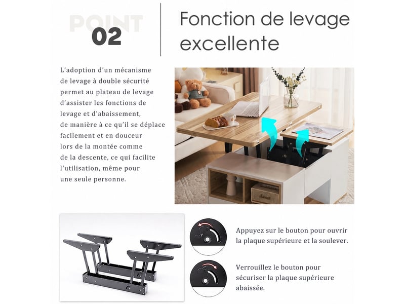  Table basse muvano table basse relevable multifonction coloris blanc et bois naturel dimensions 100x51x47 cm  - Conforama D