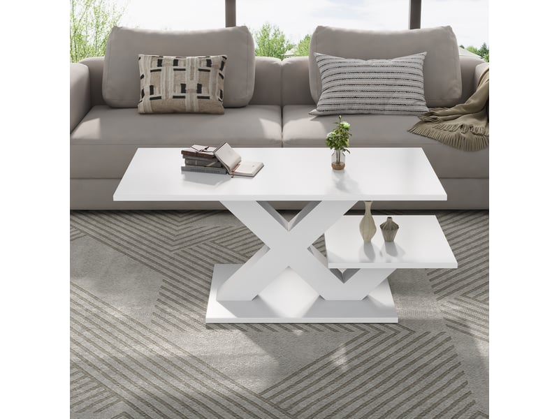  Table basse blanche brillante, table de salon rectangulaire en mdf avec double plateau de rangement et pieds géométriques en x, 100x48x45 cm  - Conforama D