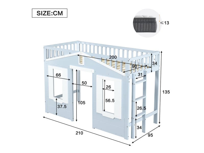  Lit mezzanine enfant bleu et blanc 90 x 200 cm avec espace sous le lit  - Conforama E