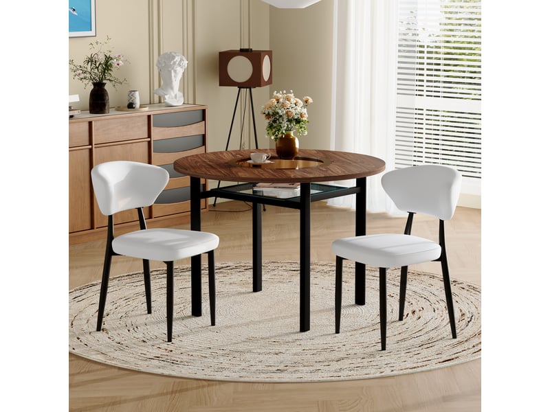  Ensemble table ronde et chaises blanches, table ronde diamètre 100 cm, plateau effet bois et 2 sièges en similicuir blanc  - Conforama C