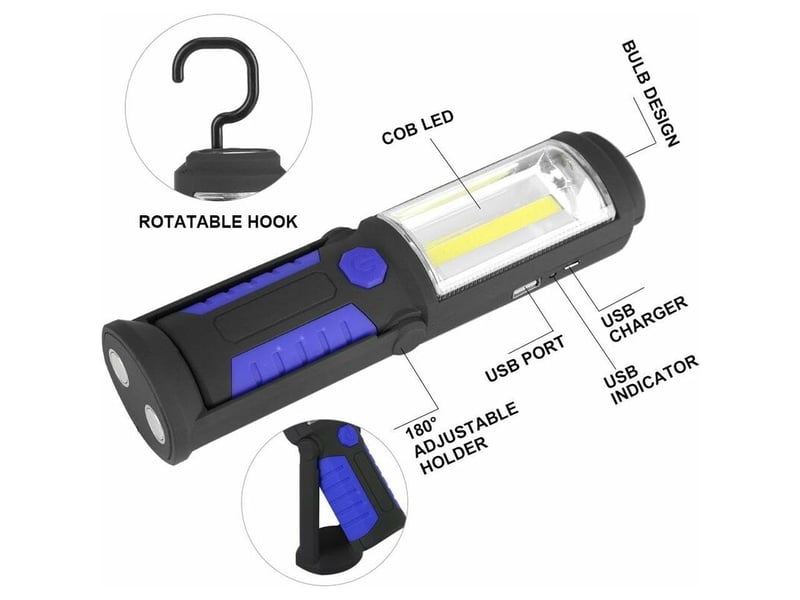  Lampe de travail led rechargeable avec magnétique lampe de torches de led 2200mah cob led 650lm pour auto garage atelier camping bricolage  - Conforama B