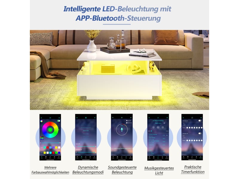  Table basse brillant carrée en panneaux de particules avec lumière led,2 tiroirs et espace de présentation transparent,blanc table basse blanc - Conforama D
