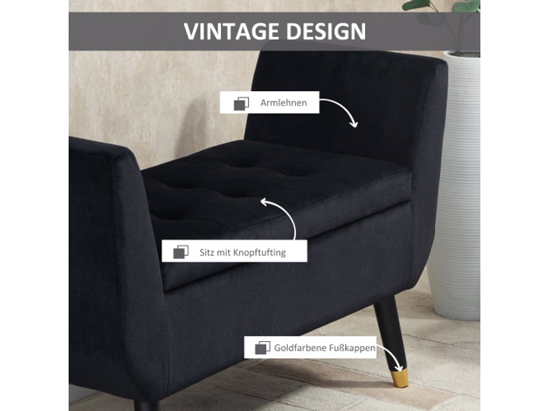  Banc coffre noir effet velours avec accoudoirs, rangement, bois d’hévéa, 107x42x65 cm  - Conforama D