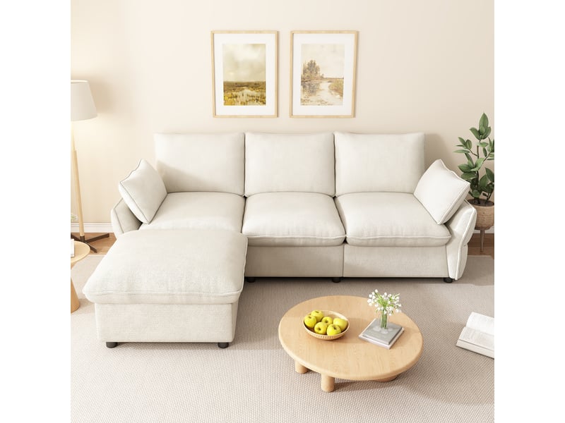  Canapé d’angle 3 places 222,5x154,5x76,5 cm avec ottomane et 1 pouf, pour salon et appartement, chenille, beige Sol Morn - Conforama D