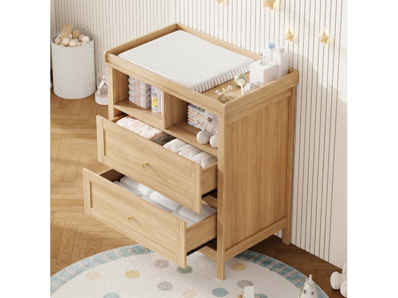  Commode à langer avec 2 tiroirs et niches ouvertes, rebord de sécurité amovible pour chambre bébé en mdf naturel  - Conforama D