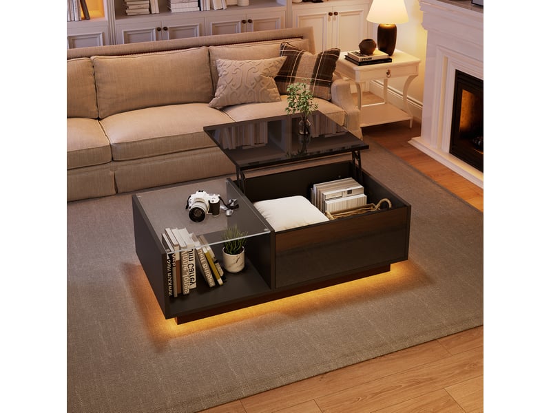  Table basse relevable avec rangement et led, 100x50 cm, noir brillant  - Conforama D