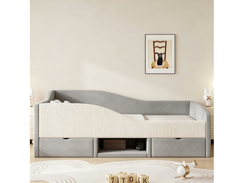  Lit avec rangement, 90x190 cm, avec 2 tiroirs pratiques, barrières de sécurité, matelas non inclus, mdf, coloris gris  - Conforama D