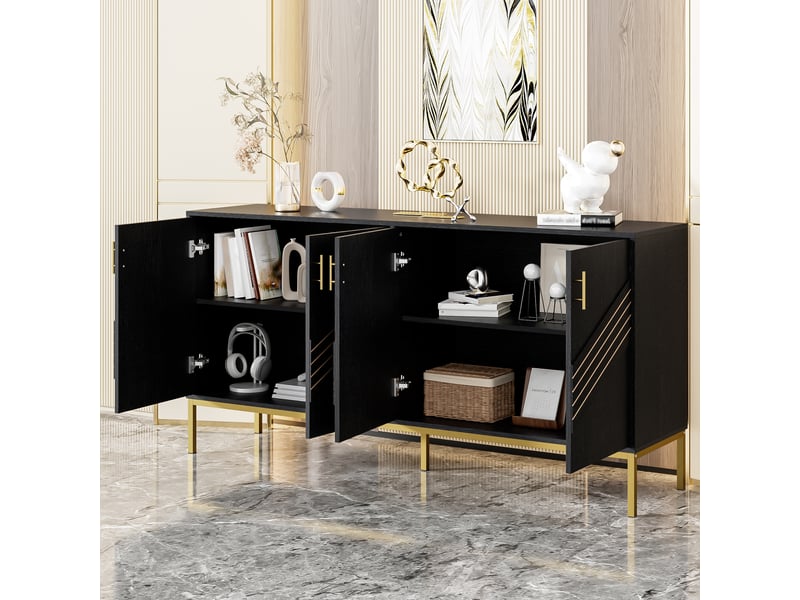 Buffet moderne 4 portes, design noir et doré, corps mdf, pieds métalliques, noir et veinage bois - Conforama C