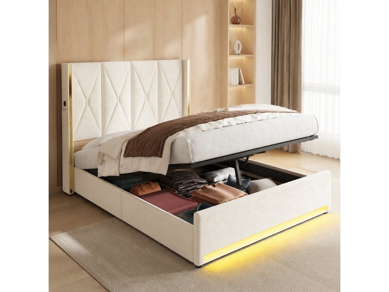  Lit coffre double 160×200 cm avec usb, type-c, led réglable et poches - okmyhome- beige, sans matelas  - Conforama C