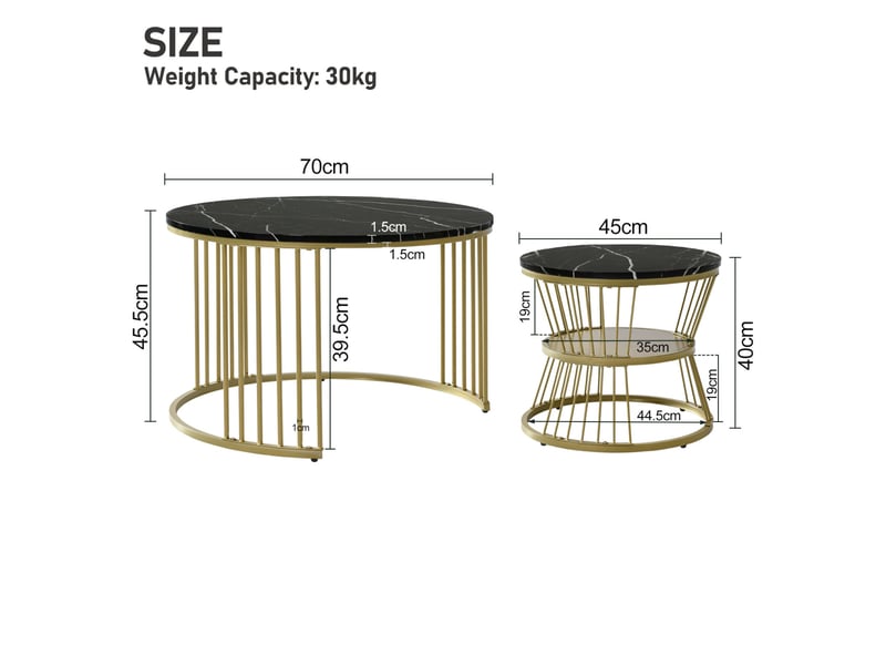 Lot de 2 tables basses gigognes ronde – 70 x 70 x 45.5 cm – double niveau & pieds métal – marbre- noir et doré - Conforama C