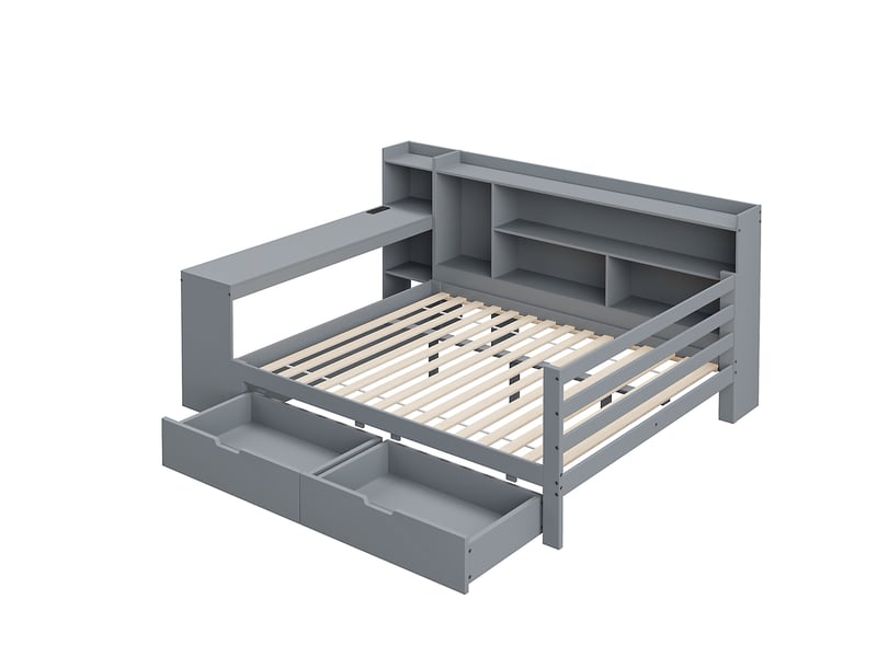  Lit banquette en bois massif 140*200 cm gris, bureau, bibliothèque, prises et 2 grands rangements  - Conforama A