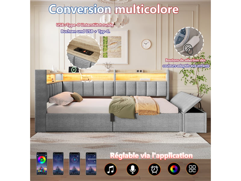  Lit coffre hydraulique 140x200 cm avec led, usb-a et usb-c, banc coffre et tête réversible, tissu lin gris, sans matelas  - Conforama D