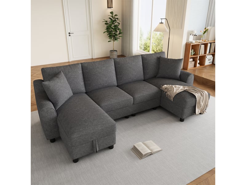  Canapé en u gris, tissu chenille doux - canapé d'angle modulable avec double méridienne, coffre de rangement &amp; coussins pour salon moderne  - Conforama D