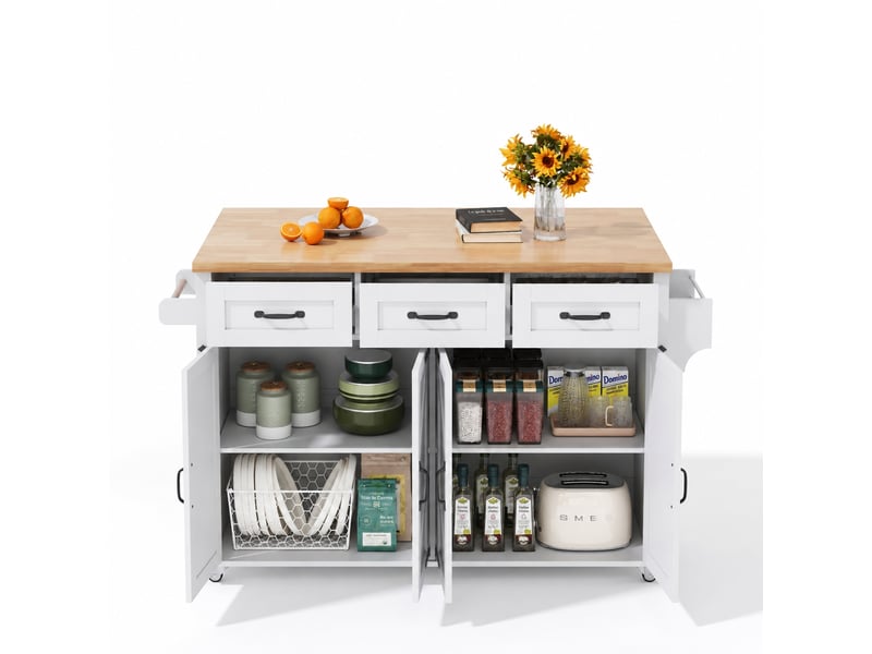  Îlot de cuisine mobile avec plateau rabattable, 5 roulettes verrouillables, 4 portes et 3 tiroirs, 140 x 70 x 90,5 cm, blanc  - Conforama A