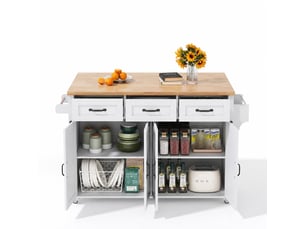 Îlot de cuisine mobile avec plateau rabattable, 5 roulettes verrouillables, 4 portes et 3 tiroirs, 140 x 70 x 90,5 cm, blanc