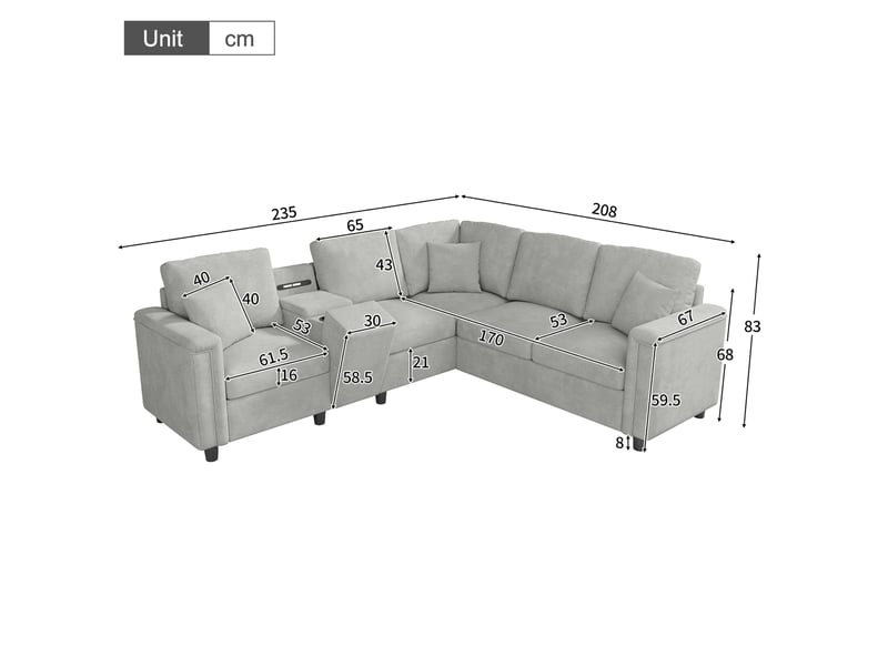 Canapé d'angle en l 5 places 235x208x83 cm en chenille gris clair - Conforama C