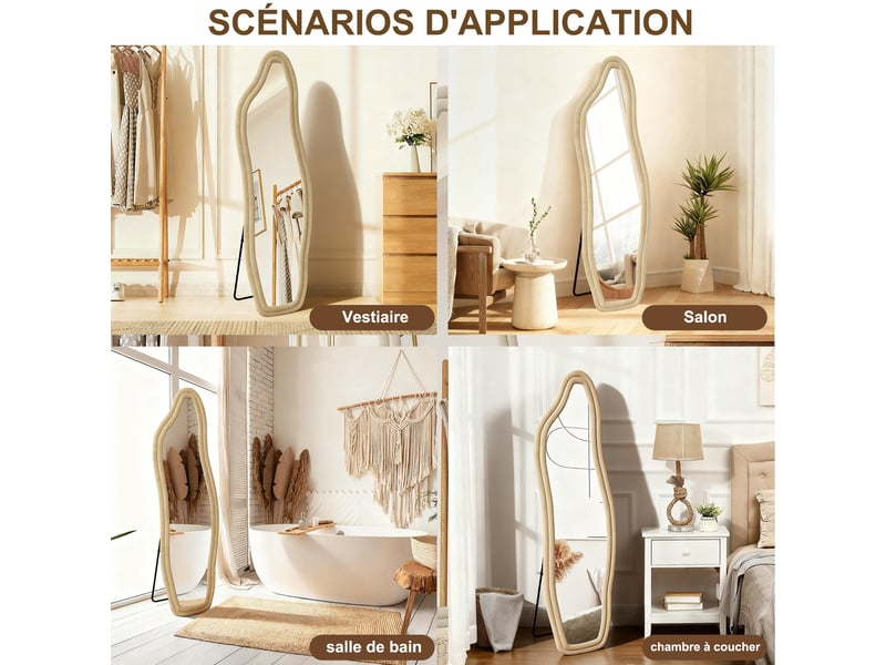  Miroir sur pied – forme organique irrégulière – cadre en velours – miroir en verre trempé haute définition  - Conforama E