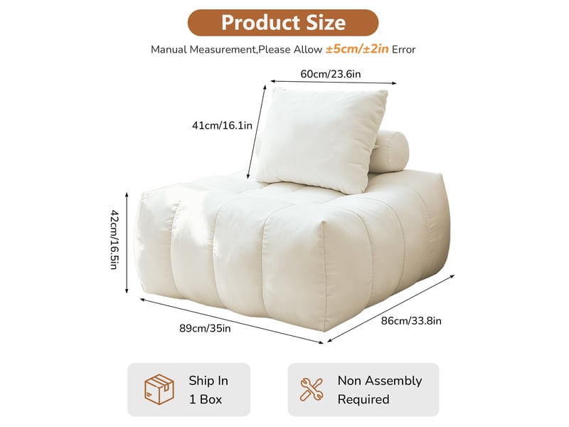  Fauteuil pouf bean bag 1 place en tissu blanc, siège fixe, confortable et compact pour salon, chambre ou bureau  - Conforama C