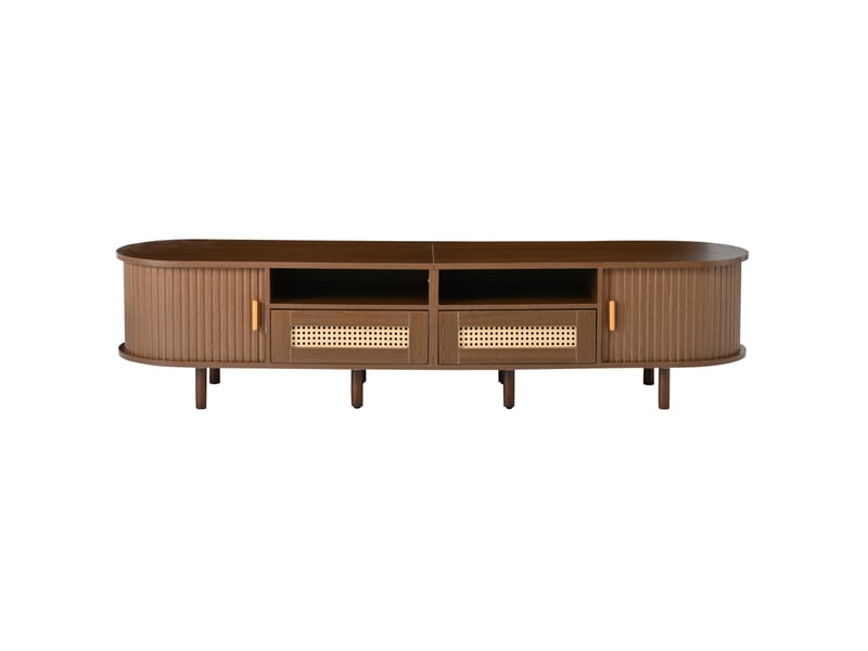  Meuble tv ovale meuble tele bas avec 2 tiroirs, 2 portes coulissantes, rangement mdf décor bois foncé, 170x40x40 cm  - Conforama E
