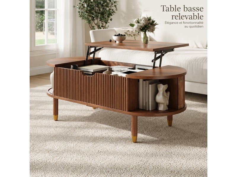 Table basse ovale relevable en mdf effet noyer avec rangement et portes coulissantes, 110 x 48 x 57 cm  - Conforama B