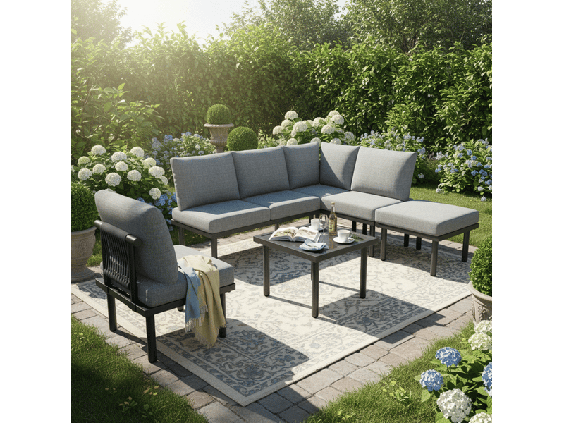  Salon de jardin 6 places en corde grise, table basse verre, acier galvanisé  - Conforama W