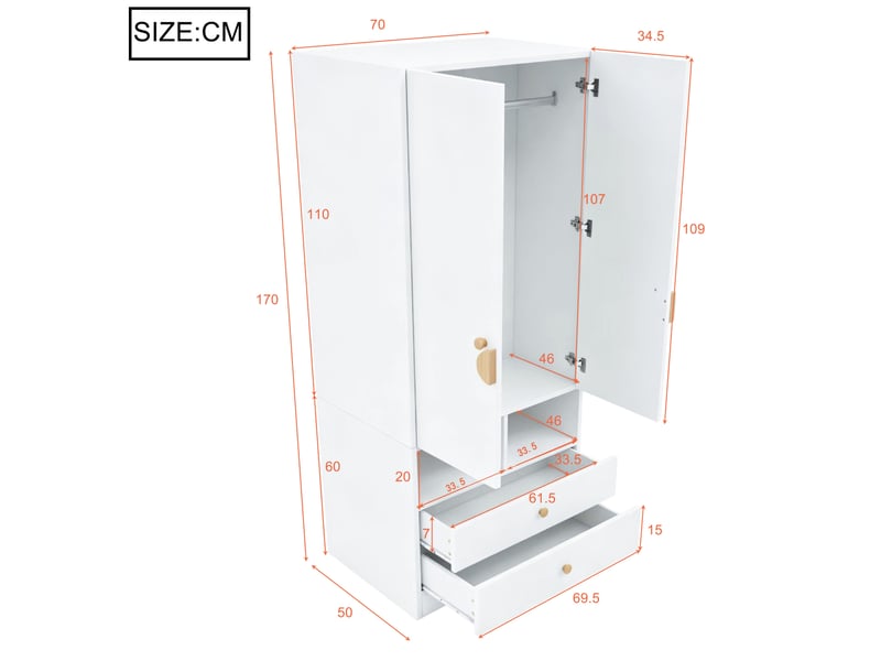  Armoire 70x50x170 cm deux tiroirs mdf blanche  - Conforama E