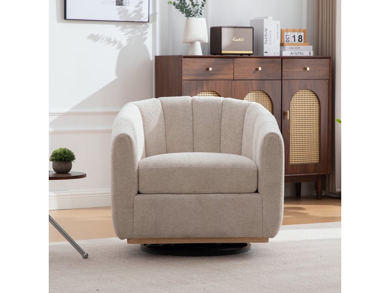  Fauteuil crapaud pivotant 360° 81x73x75.5cm – fauteuil tonneau design citrouille avec base en métal – tissu de chenille - beige  - Conforama D